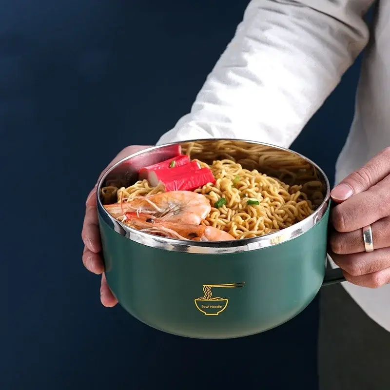 Stainless Steel Instant Noodle Bowl Double-Layer Anti-Scalding Lunch Box Fruit Ramen Soup Bowls Kitchen Tableware Food Container