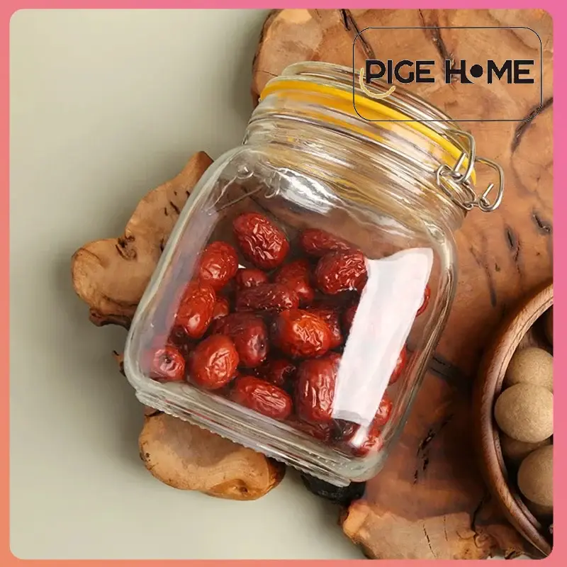 PIGE HOME 1/1.5/2L Clear Glass Sealed Jar with Stainless Steel Buckle Household Coffee Bean Honey Lemon Storage Jar Kitchen Tool