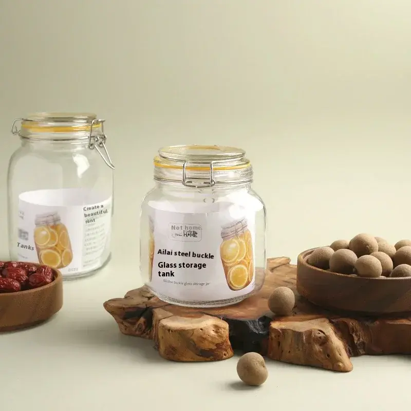 PIGE HOME 1/1.5/2L Clear Glass Sealed Jar with Stainless Steel Buckle Household Coffee Bean Honey Lemon Storage Jar Kitchen Tool