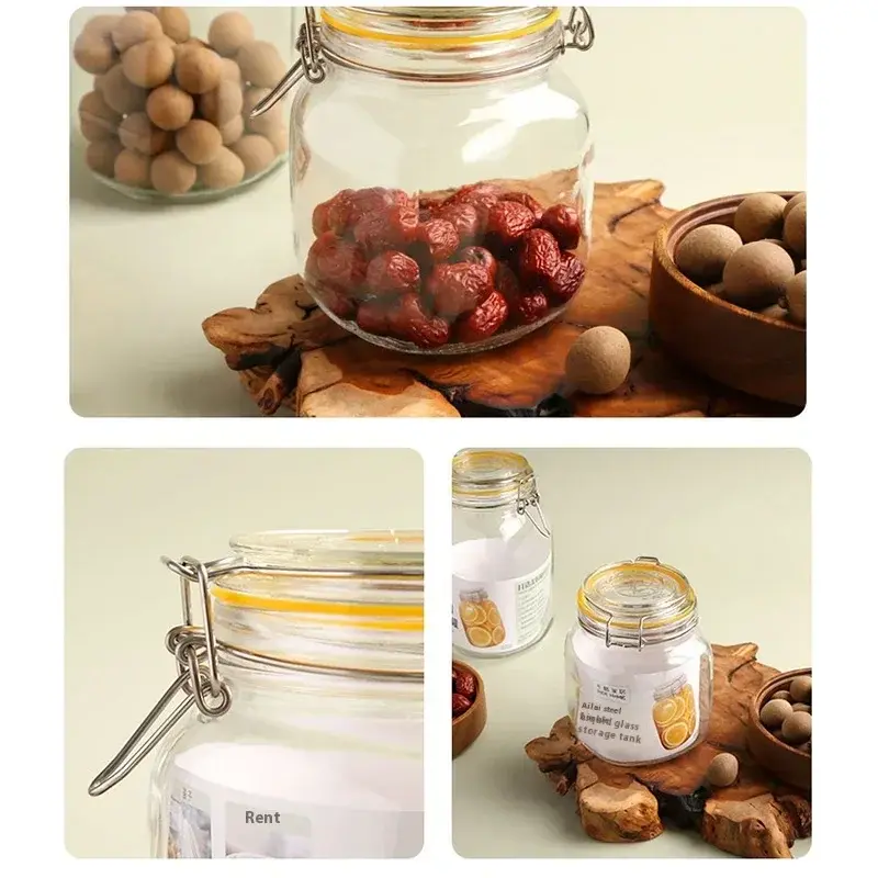 PIGE HOME 1/1.5/2L Clear Glass Sealed Jar with Stainless Steel Buckle Household Coffee Bean Honey Lemon Storage Jar Kitchen Tool