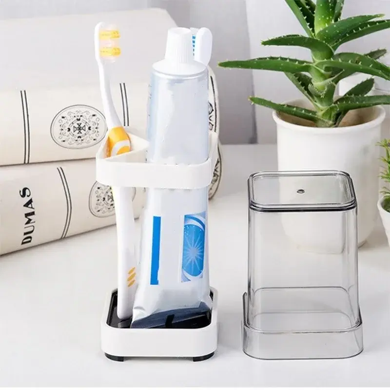 Toothbrush Holder with Mouthwash Cup Bathroom Dustproof Toothbrush Holder with Dust Cover Toothpaste Rack Bathroom Storage Tools