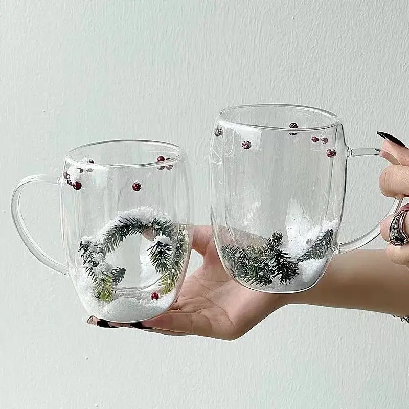 200/350ML Glass Cup Double-layer Clear Cup Christmas Snow Scene Glass Coffee Cup Heat Resistant Milk Mug Xmas New Year Gifts