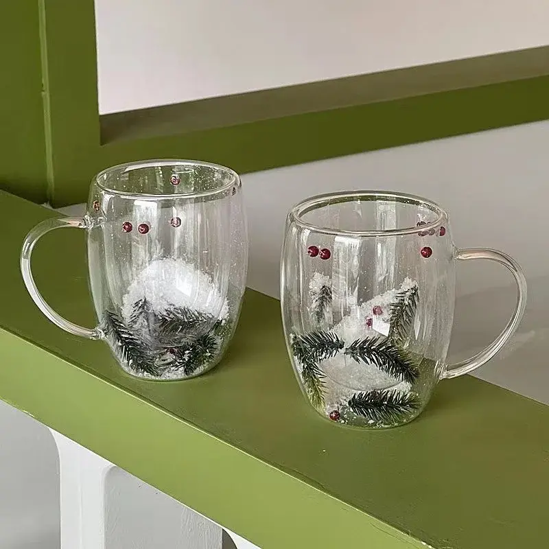 200/350ML Glass Cup Double-layer Clear Cup Christmas Snow Scene Glass Coffee Cup Heat Resistant Milk Mug Xmas New Year Gifts