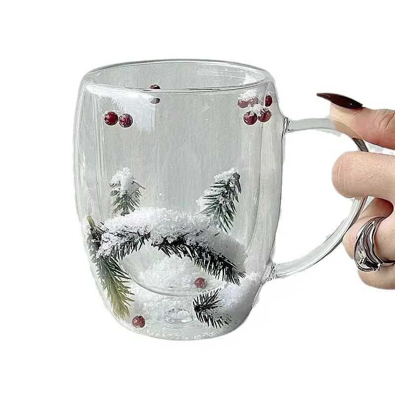 200/350ML Glass Cup Double-layer Clear Cup Christmas Snow Scene Glass Coffee Cup Heat Resistant Milk Mug Xmas New Year Gifts