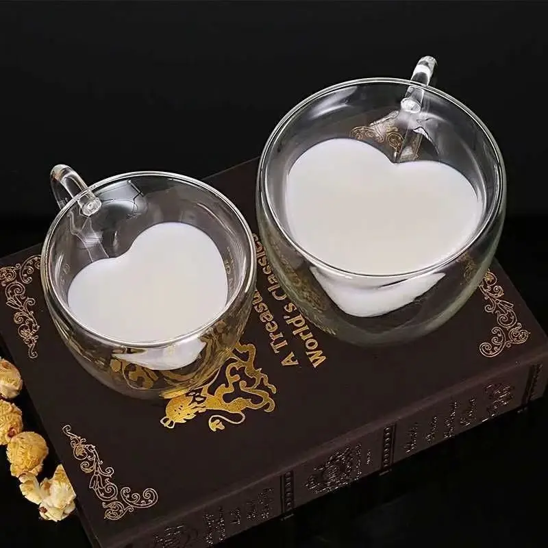 Heart-shaped Double-layer Cup with Handle Anti-scalding Household Beverage Cup Water Cup Glass Gift Love Coffee Cup Couple Gift