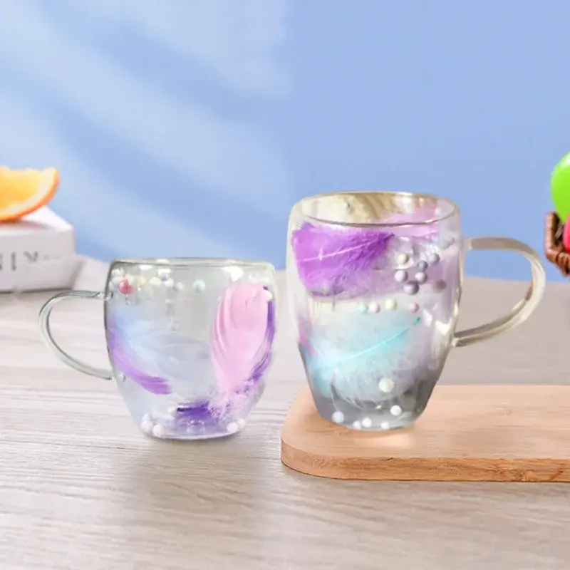 250/350ML Double Wall Coffee Mugs Feather Glass Cups with Handle Anti-Scalding Milk Tea Juice Cup Creative Gift Household Office