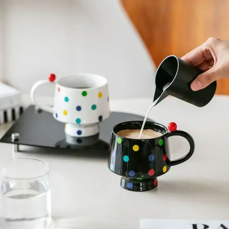 1Pcs 400ML Ceramic Mugs Hand Drawn Round Dot Coffee Mugs Milk Water  Drink  Korean Style Oatmeal Breakfast Cup Drinkware