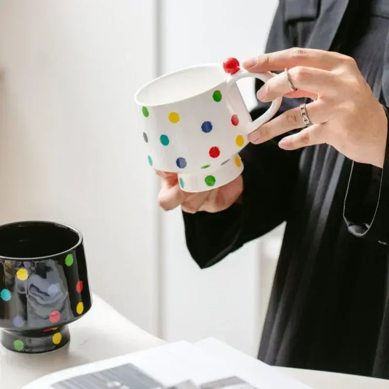 1Pcs 400ML Ceramic Mugs Hand Drawn Round Dot Coffee Mugs Milk Water  Drink  Korean Style Oatmeal Breakfast Cup Drinkware