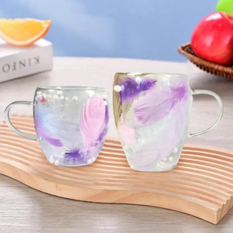 250/350ML Double Wall Coffee Mugs Feather Glass Cups with Handle Anti-Scalding Milk Tea Juice Cup Creative Gift Household Office