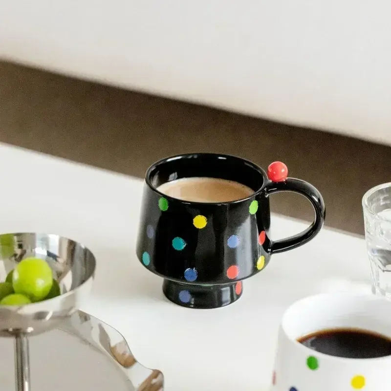 1Pcs 400ML Ceramic Mugs Hand Drawn Round Dot Coffee Mugs Milk Water  Drink  Korean Style Oatmeal Breakfast Cup Drinkware