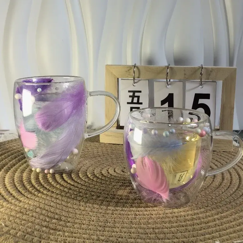 250/350ML Double Wall Coffee Mugs Feather Glass Cups with Handle Anti-Scalding Milk Tea Juice Cup Creative Gift Household Office