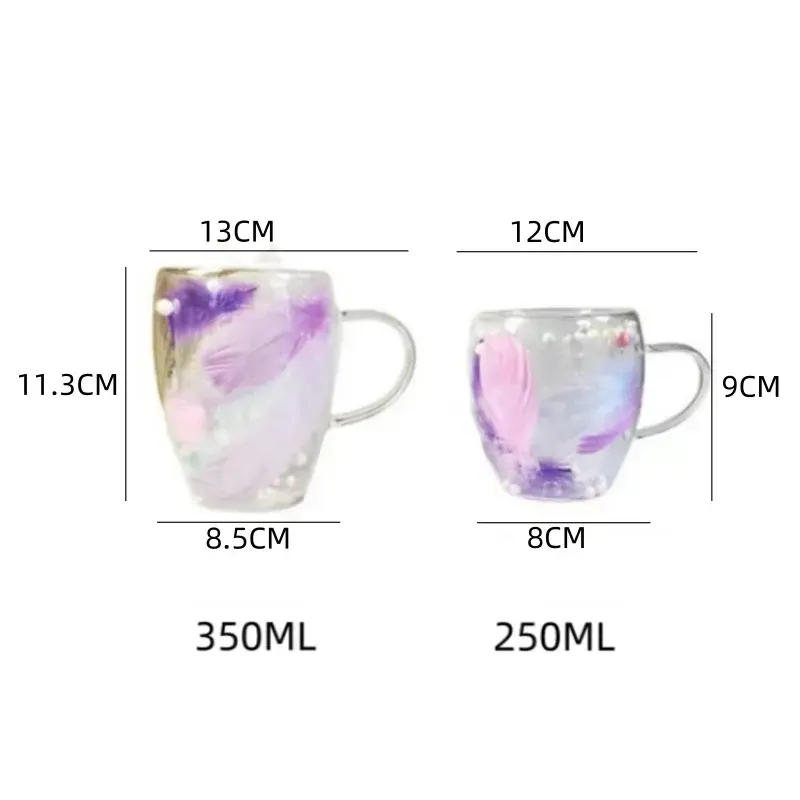 250/350ML Double Wall Coffee Mugs Feather Glass Cups with Handle Anti-Scalding Milk Tea Juice Cup Creative Gift Household Office