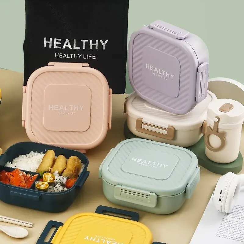 1pc Portable Plastic Quadrate Double-deck Divided Lunch Box Children Lunch Belt Buckle Bento Box Picnic Fruit Salad Lunch Box