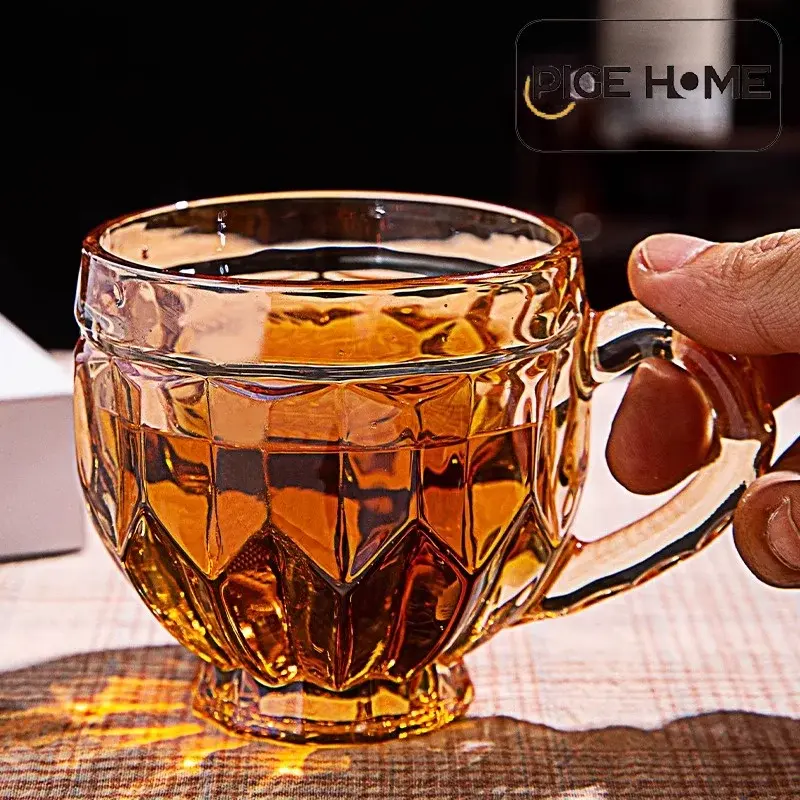 PIGE HOME Ins Style 190ml Heat Resistant Glass Amber Milk Breakfast Cup with Handle Household Tea Brewing Cup Beer Coffee Cup