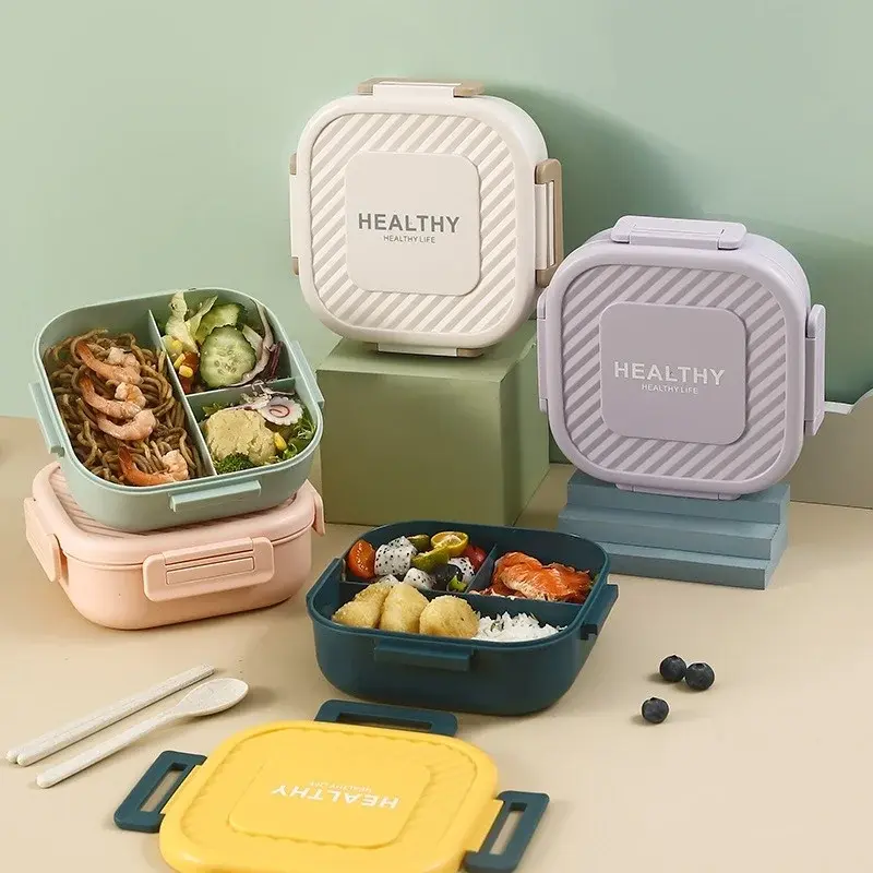 1pc Portable Plastic Quadrate Double-deck Divided Lunch Box Children Lunch Belt Buckle Bento Box Picnic Fruit Salad Lunch Box