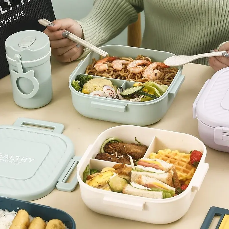 1pc Portable Plastic Quadrate Double-deck Divided Lunch Box Children Lunch Belt Buckle Bento Box Picnic Fruit Salad Lunch Box