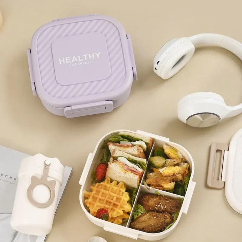 1pc Portable Plastic Quadrate Double-deck Divided Lunch Box Children Lunch Belt Buckle Bento Box Picnic Fruit Salad Lunch Box