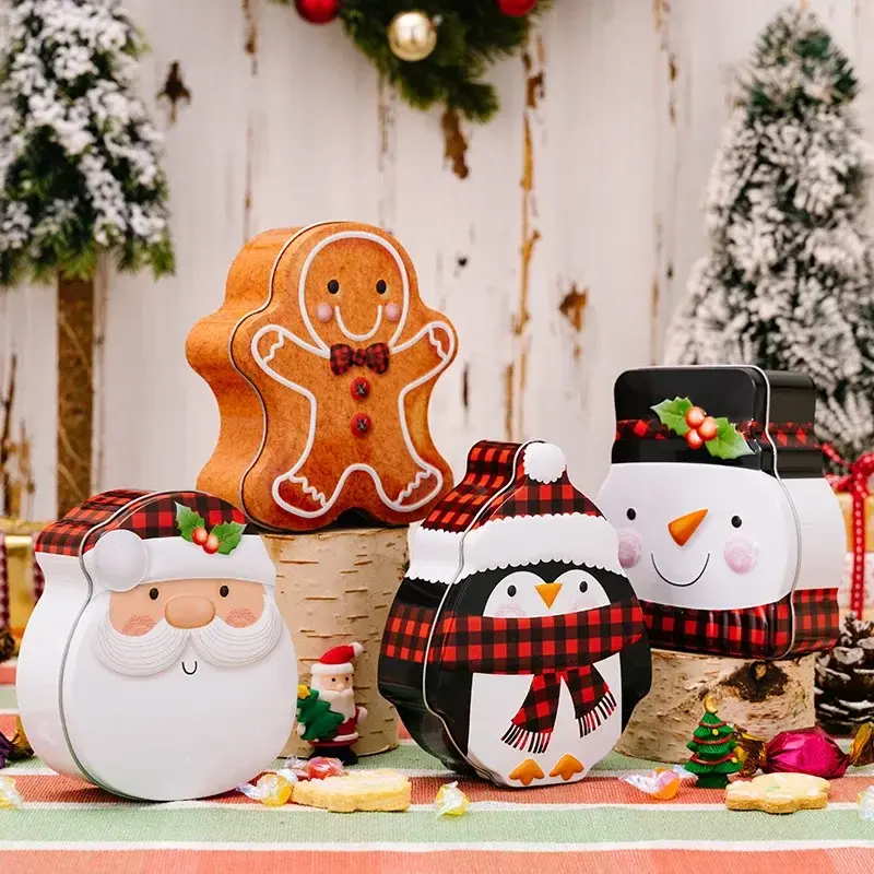 1Pcs Christmas Iron Box Santa Claus Snowman Penguin Gingerbread Man Chocolate Cookies Candy Box Christmas Ornaments Gifts