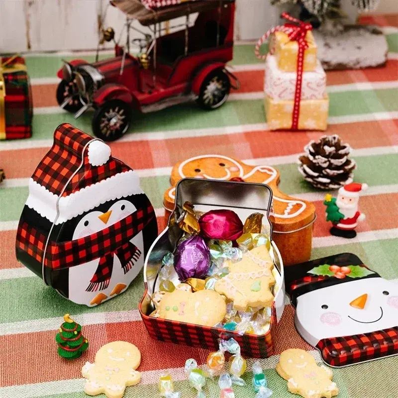1Pcs Christmas Iron Box Santa Claus Snowman Penguin Gingerbread Man Chocolate Cookies Candy Box Christmas Ornaments Gifts