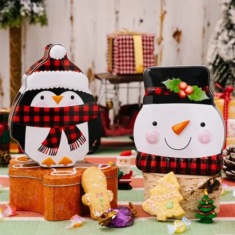 1Pcs Christmas Iron Box Santa Claus Snowman Penguin Gingerbread Man Chocolate Cookies Candy Box Christmas Ornaments Gifts