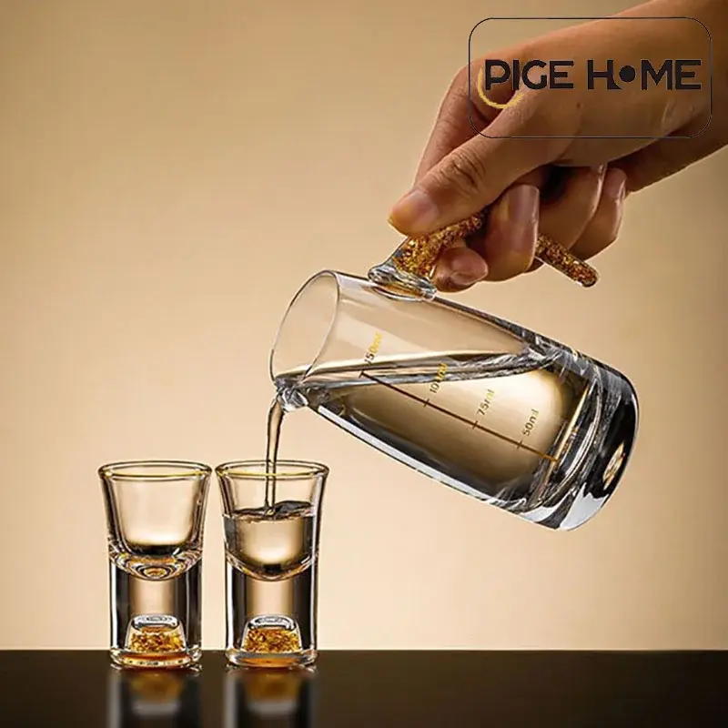 PIGE HOME 100/150ml White Wine Dividing Device Measuring Glass with Scale Glass Transparent/gold Foil Handle Small Wine Glass
