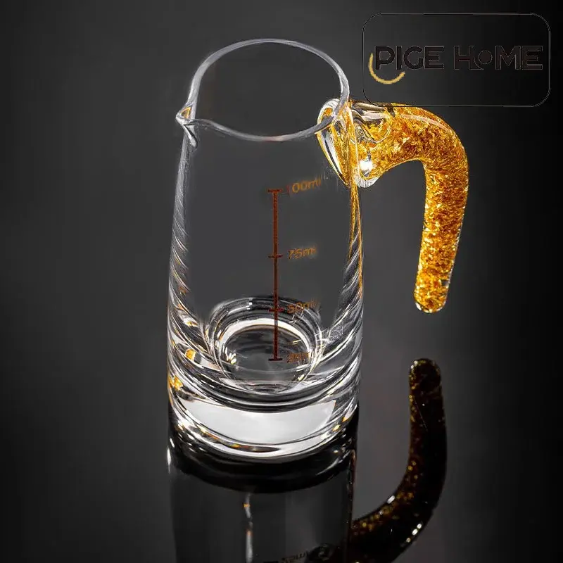PIGE HOME 100/150ml White Wine Dividing Device Measuring Glass with Scale Glass Transparent/gold Foil Handle Small Wine Glass