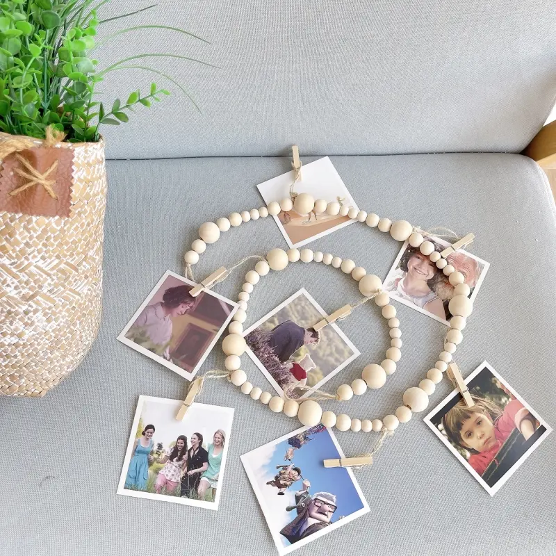Wall Hanging Photo Display with Wooden Beads Garland Photo Storage Tassel String Wall Decor Photo Holder Rustic Family Decor