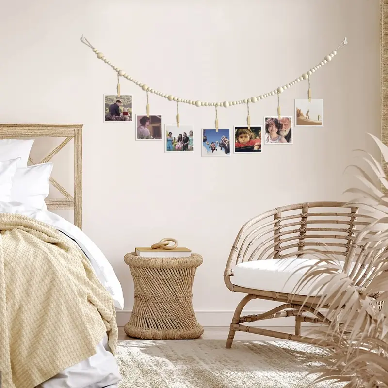 Wall Hanging Photo Display with Wooden Beads Garland Photo Storage Tassel String Wall Decor Photo Holder Rustic Family Decor