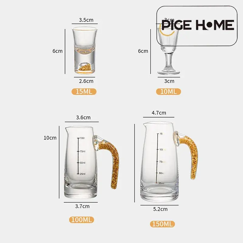 PIGE HOME 100/150ml White Wine Dividing Device Measuring Glass with Scale Glass Transparent/gold Foil Handle Small Wine Glass