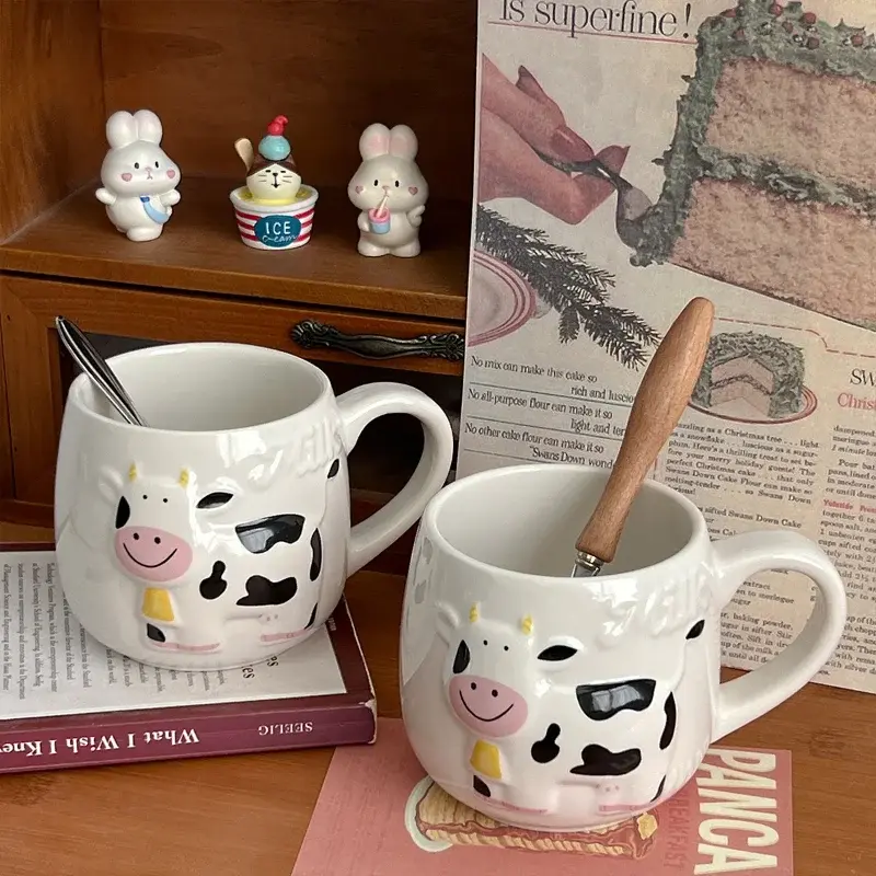Ceramic Mug Creative Relief Cow Cute Animals Coffee Cups Teacup Juice Milk Tea Bottle 3D Animal Mug Breakfast Cups Kids Gift