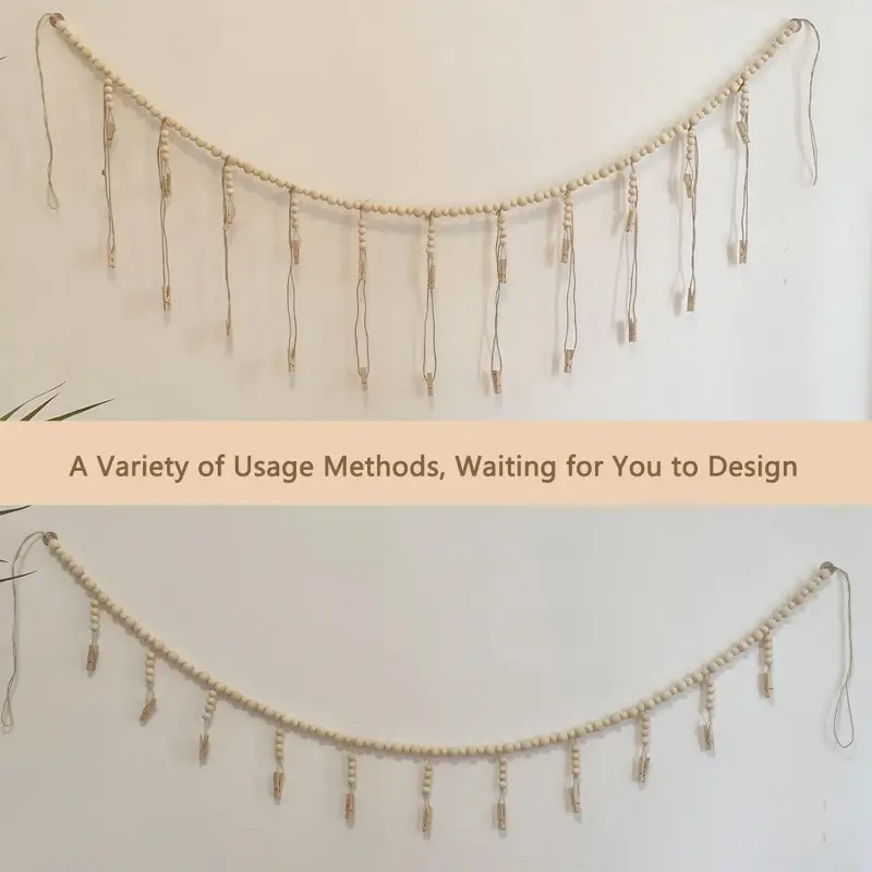 Wall Hanging Photo Display with Wooden Beads Garland Photo Storage Tassel String Wall Decor Photo Holder Rustic Family Decor