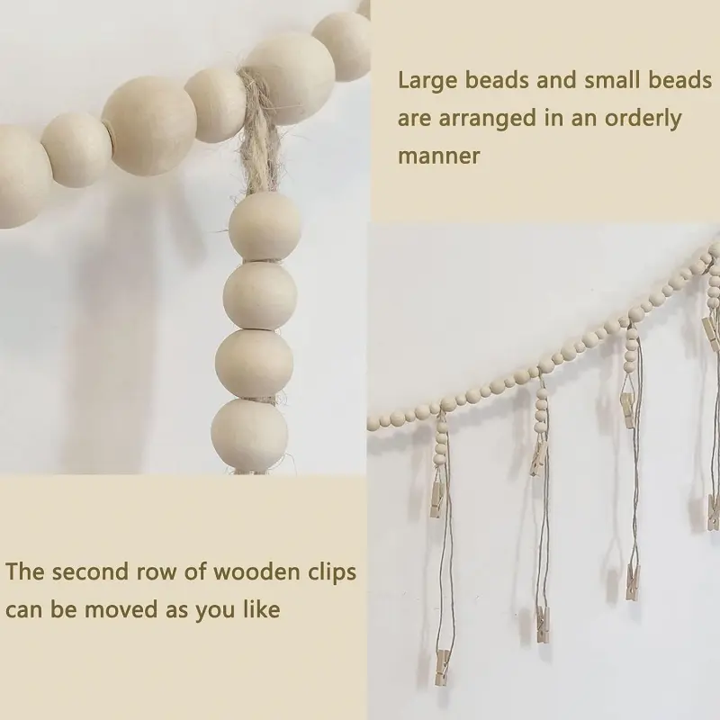 Wall Hanging Photo Display with Wooden Beads Garland Photo Storage Tassel String Wall Decor Photo Holder Rustic Family Decor