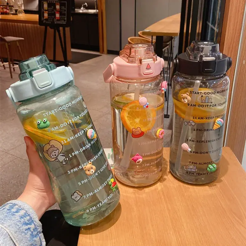 Large Capacity Water Bottle Plastic Straw Water Cup with Time Marker Portable Sports Fitness Outdoor Camping Drinking Utensil