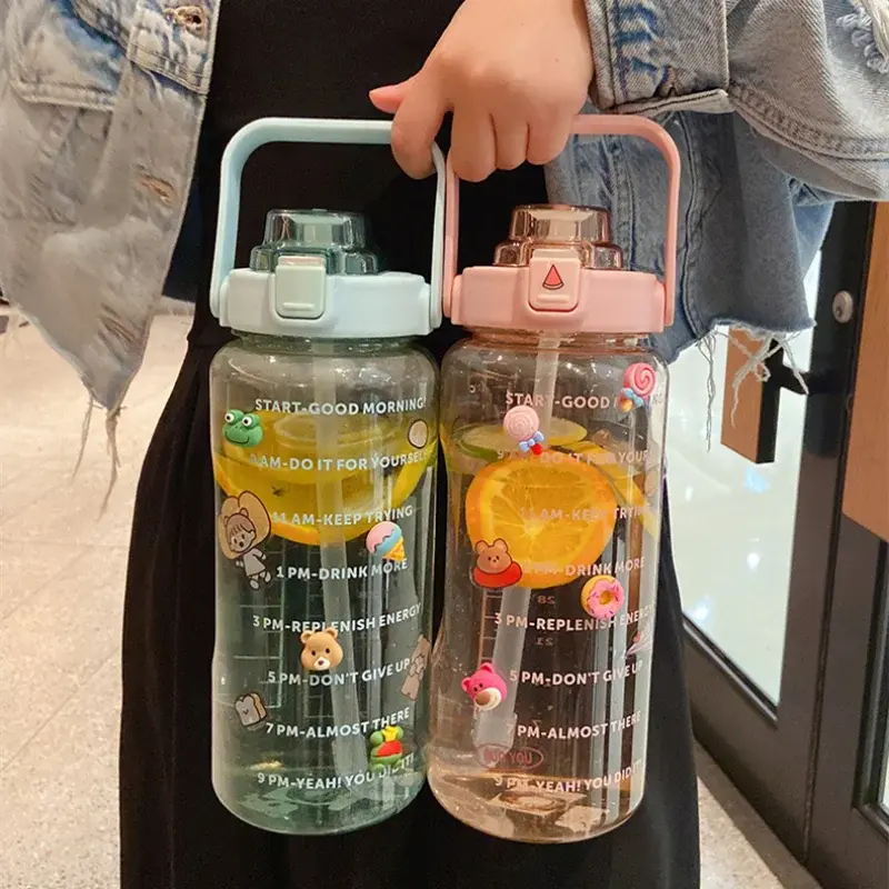 Large Capacity Water Bottle Plastic Straw Water Cup with Time Marker Portable Sports Fitness Outdoor Camping Drinking Utensil