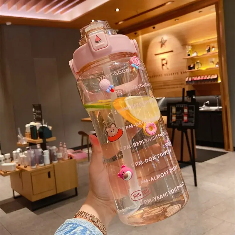 Large Capacity Water Bottle Plastic Straw Water Cup with Time Marker Portable Sports Fitness Outdoor Camping Drinking Utensil