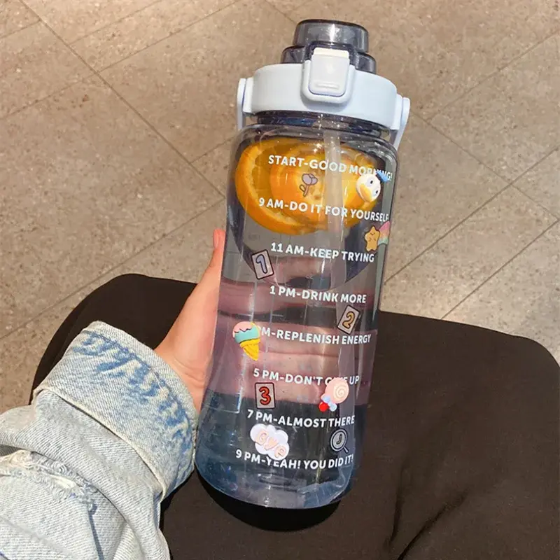 Large Capacity Water Bottle Plastic Straw Water Cup with Time Marker Portable Sports Fitness Outdoor Camping Drinking Utensil