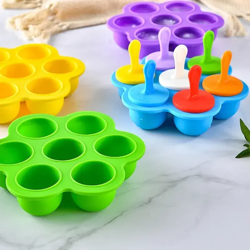 Ice Cream Mold Colorful 7 Holes Children's Homemade Popsicles Molds Food Grade Silicone DIY Ice Moulds Home Kitchen Accessories