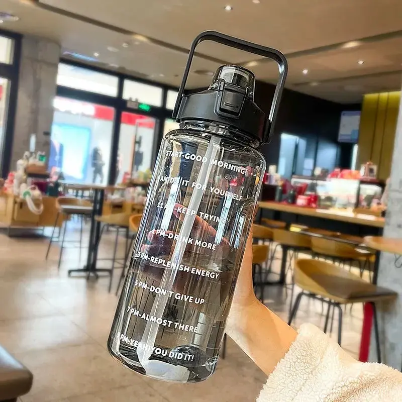 Large Capacity Water Bottle Plastic Straw Water Cup with Time Marker Portable Sports Fitness Outdoor Camping Drinking Utensil