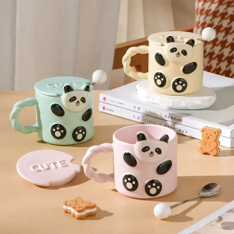 Ceramic Mug Stereoscopic Panda Pattern with Lid and Spoon Breakfast Milk Tea Mug Coffee Juice Yogurt Cups Office Home Water Cup