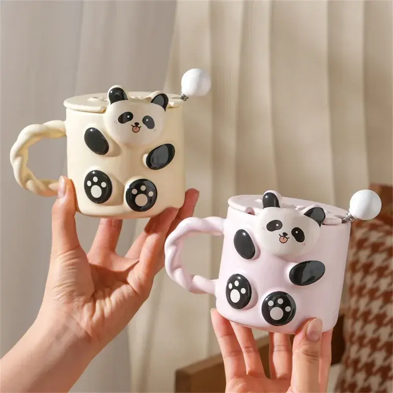 Ceramic Mug Stereoscopic Panda Pattern with Lid and Spoon Breakfast Milk Tea Mug Coffee Juice Yogurt Cups Office Home Water Cup