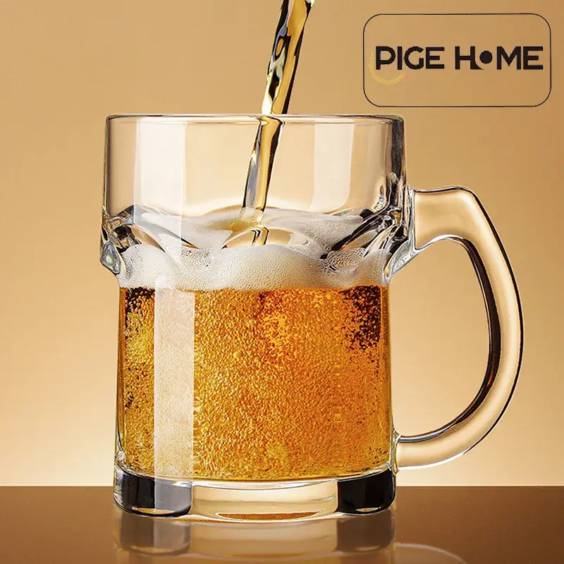 PIGE HOME 500ml Beer Glass with Thickened Anti-scalding Handle Juice Cup for Home Breakfast Milk Brewing Cup Whiskey Glass Beer