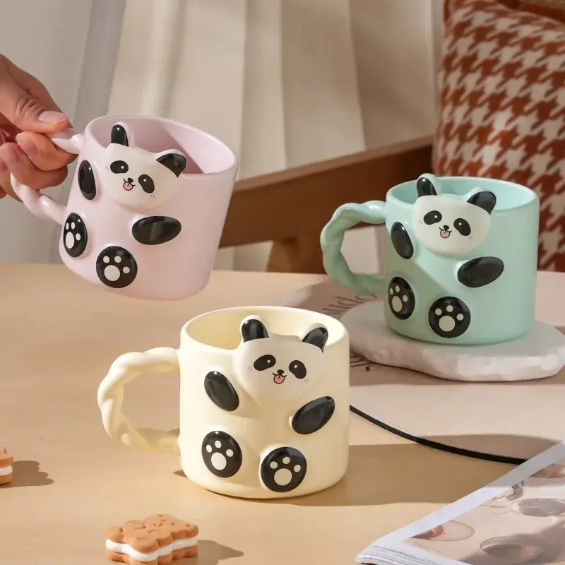 Ceramic Mug Stereoscopic Panda Pattern with Lid and Spoon Breakfast Milk Tea Mug Coffee Juice Yogurt Cups Office Home Water Cup