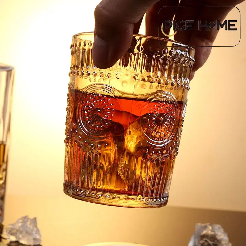 PIGE HOME 300ml Sunflower Seed Pattern Embossed Wine Glass Heat-resistant Glass Breakfast Juice Glass Whiskey Cold Drink Cup