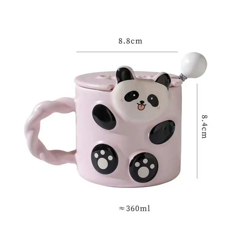 Ceramic Mug Stereoscopic Panda Pattern with Lid and Spoon Breakfast Milk Tea Mug Coffee Juice Yogurt Cups Office Home Water Cup
