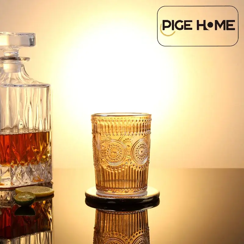 PIGE HOME 300ml Sunflower Seed Pattern Embossed Wine Glass Heat-resistant Glass Breakfast Juice Glass Whiskey Cold Drink Cup