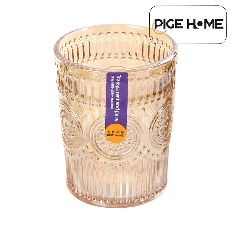 PIGE HOME 300ml Sunflower Seed Pattern Embossed Wine Glass Heat-resistant Glass Breakfast Juice Glass Whiskey Cold Drink Cup