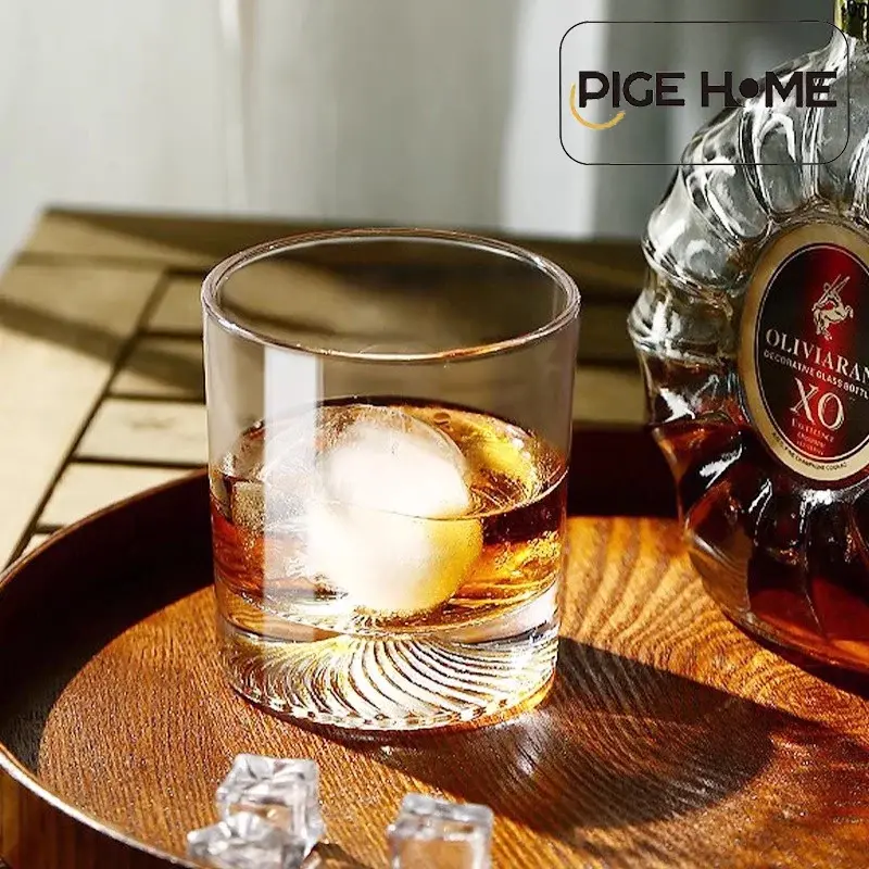 PIGE HOME 290ML Simple Whiskey Glass Threaded Bottom Retro Beer Glass Transparent Glass Cocktail Glass Bar Party Hockey Glass