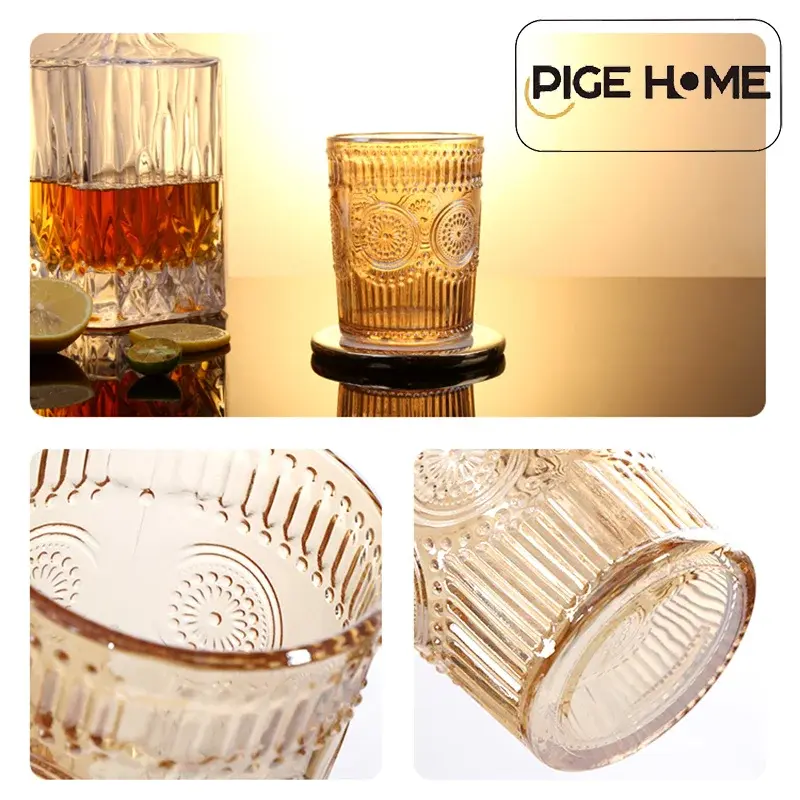 PIGE HOME 300ml Sunflower Seed Pattern Embossed Wine Glass Heat-resistant Glass Breakfast Juice Glass Whiskey Cold Drink Cup