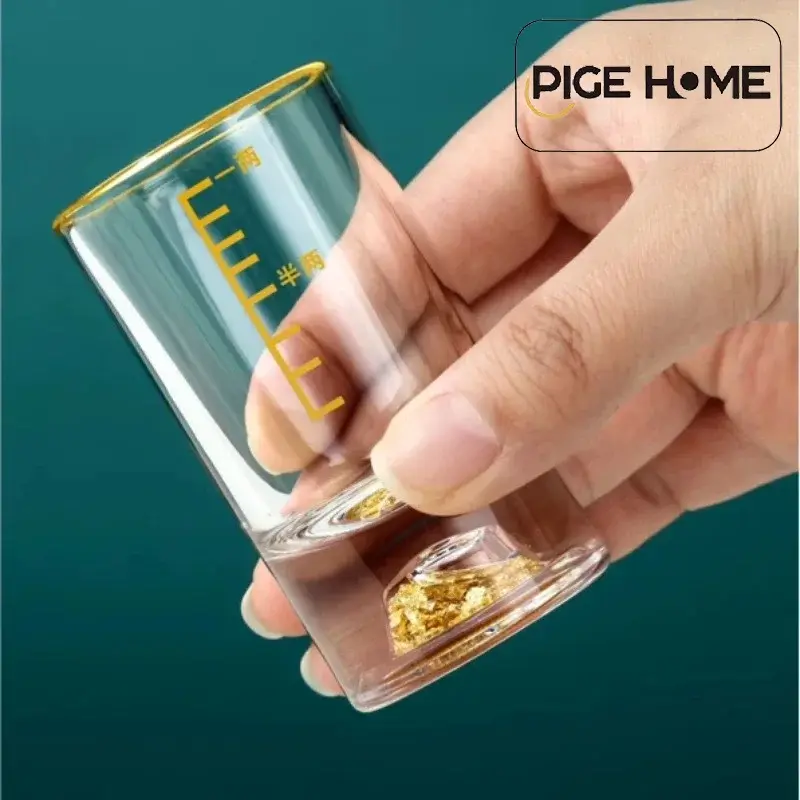 PIGE HOME 50/100ML Crystal Glass Wine Cup with Scale Gold Foil Clear Whiskey Cup Thickened Cup Bottom Round Mouth Home Drinkware