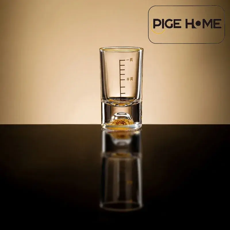 PIGE HOME 50/100ML Crystal Glass Wine Cup with Scale Gold Foil Clear Whiskey Cup Thickened Cup Bottom Round Mouth Home Drinkware
